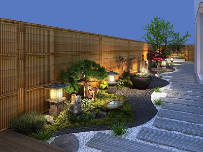 Serene Courtyard Garden With Bamboo Fence Stone Pathway Lanterns And Ornamental Trees 3d model