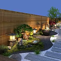 Serene Courtyard Garden With Bamboo Fence Stone Pathway Lanterns And Ornamental Trees