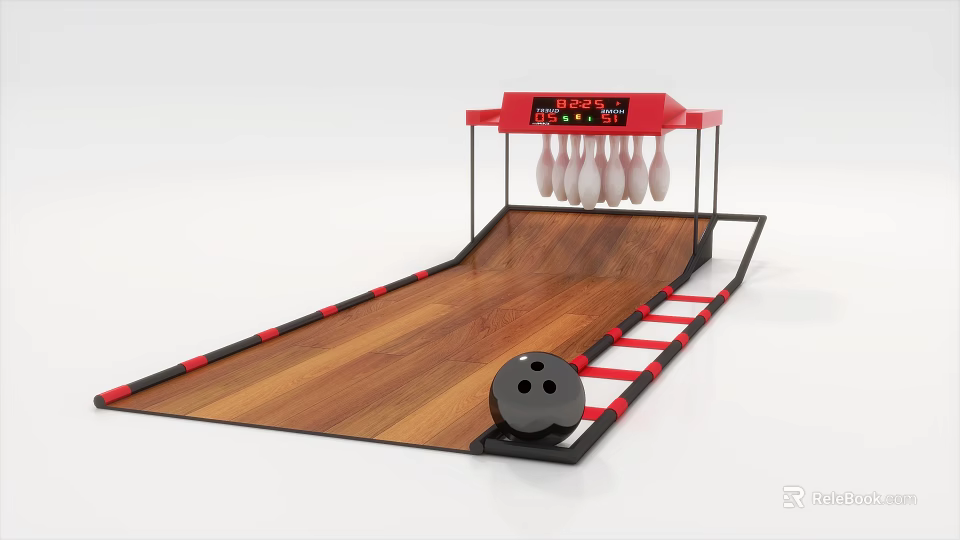 Mini Bowling Play Equipment With Wooden Lane Red Frame And Electronic Scoreboard 3d model 