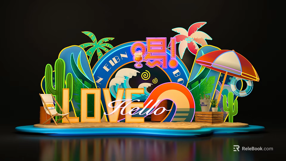 Vibrant Beach Themed Photo Spot With Love Hello Sign Palm Trees And Umbrella 3d model 