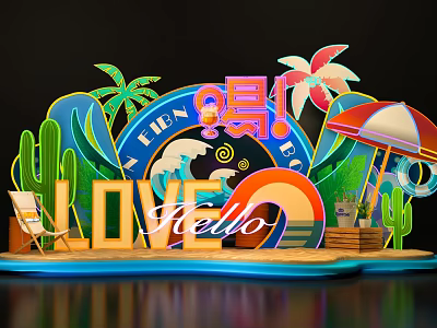 Vibrant Beach Themed Photo Spot With Love Hello Sign Palm Trees And Umbrella 3d model