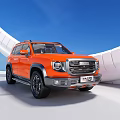 Orange SUV Car With Modern Design Blue Sky And White Curved Structures