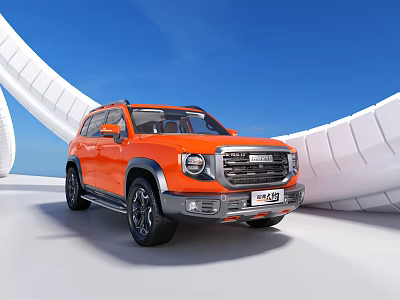 Orange SUV Car With Modern Design Blue Sky And White Curved Structures 3d model