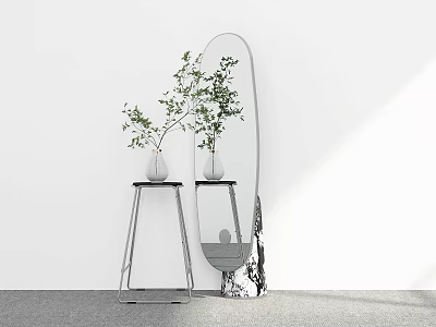 Oval Wall Mirror With Metal Table Transparent Vase Green Plants And Black White Base 3d model