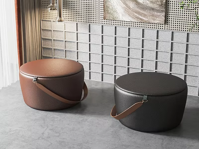 Round Leather Ottoman Stools in Brown and Black with Handle Straps for Living Room 3d model