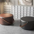 Round Leather Ottoman Stools in Brown and Black with Handle Straps for Living Room