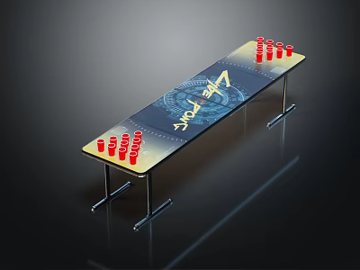 Long Table With Blue Tabletop Design And Red Cups On Metal Legs 3d model