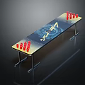 Long Table With Blue Tabletop Design And Red Cups On Metal Legs
