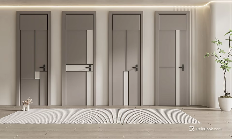 Modern Minimalist Hinged Doors Interior Design With Neutral Color And Four Panel 3d model 