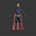 Game And Movie Superhero Character In Blue Bodysuit Red Cape And Golden Belt