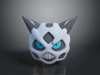 Game Character Head 3D Model With White Mask Design Gray Ears Blue Eyes And Teeth 3d model
