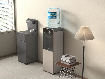 Modern Kitchen Appliances Featuring Gray Cabinet And Silver Water Dispenser With Bottled Water 3d model