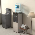 Modern Kitchen Appliances Featuring Gray Cabinet And Silver Water Dispenser With Bottled Water