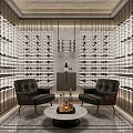 Modern Wine Cellar Interior with Wall Wine Racks Leather Chairs and Round Coffee Table