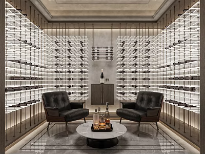 Modern Wine Cellar Interior with Wall Wine Racks Leather Chairs and Round Coffee Table 3d model
