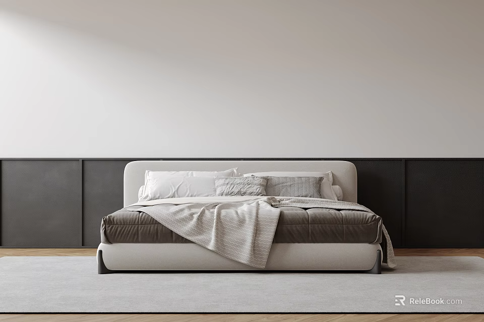 Modern Double Bed With Light Bedding Blanket And Neutral Wall Design 3d model