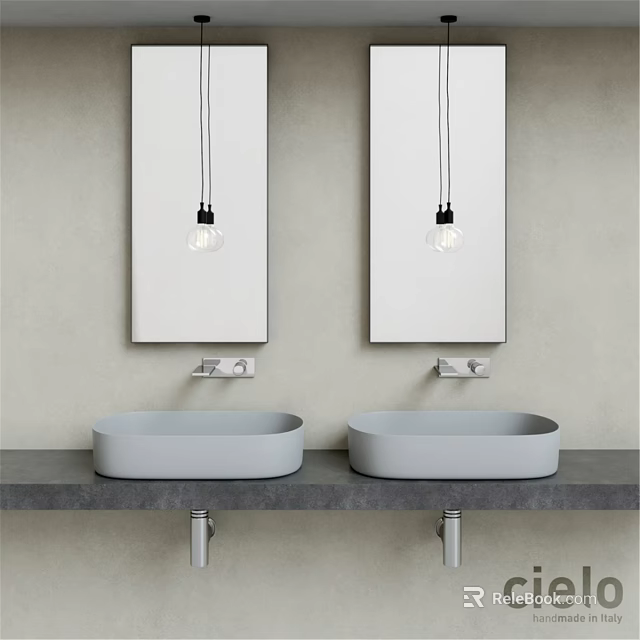Double Oval Shaped Washbasins On Grey Countertop With Mirrors And Pendant Lights 3d model 