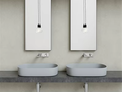 Double Oval Shaped Washbasins On Grey Countertop With Mirrors And Pendant Lights 3d model
