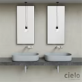 Double Oval Shaped Washbasins On Grey Countertop With Mirrors And Pendant Lights