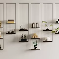 Minimalist Wall-mounted Floating Shelves Displaying Decorative Items Small Ornaments And Green Plants