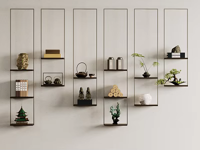 Minimalist Wall-mounted Floating Shelves Displaying Decorative Items Small Ornaments And Green Plants 3d model