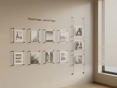 Interior Gallery Wall With Framed Paintings And Metal Brackets On Beige Wall 3d model