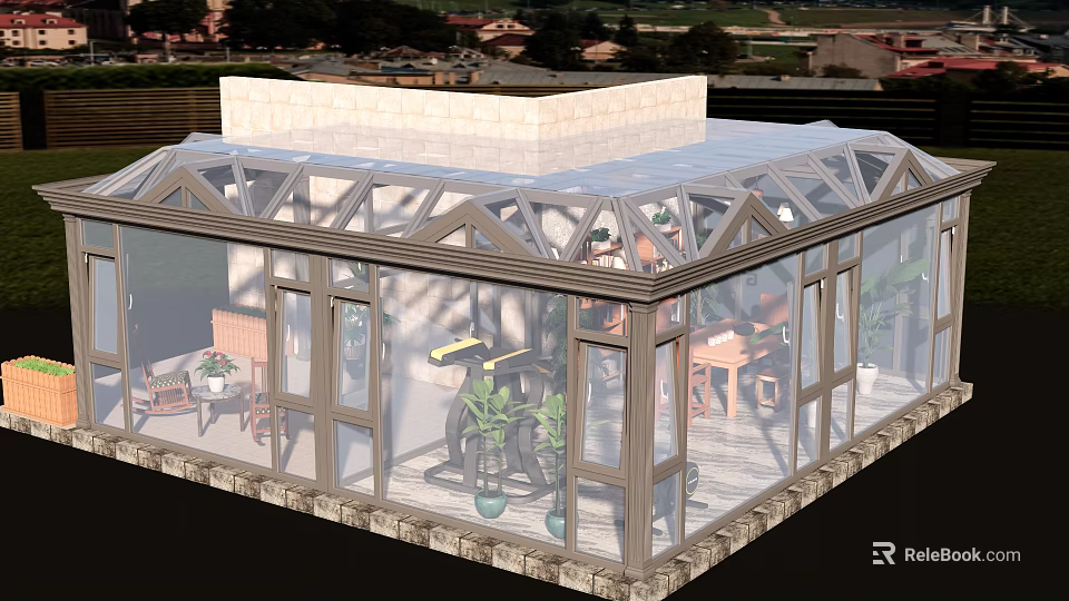 Modern Sunroom Design With Glass Roof And Aluminum Frame Interior Plants And Outdoor Furniture 3d model 