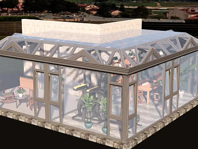 Modern Sunroom Design With Glass Roof And Aluminum Frame Interior Plants And Outdoor Furniture 3d model