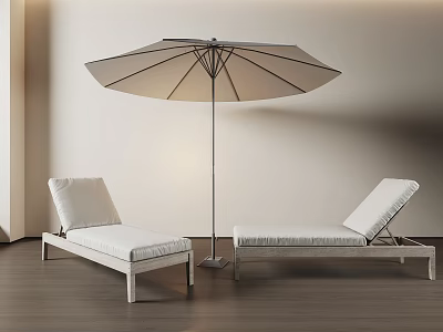 Modern Lounge Chairs with Umbrella on Wooden Flooring and Light Colored Walls 3d model