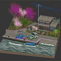 Cartoon Scene Featuring Houses Trees Vehicles Dock And Water Platform