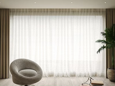 White Sheer Window Curtains in Bright Room with Gray Armchair and Palm Plant 3d model