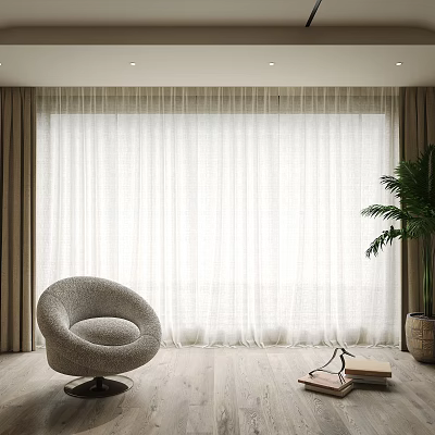 White Sheer Window Curtains in Bright Room with Gray Armchair and Palm Plant 3d model