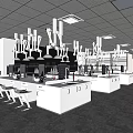 Modern Laboratory Interior Featuring White Benches Suspended Fume Hoods Blue Chairs And Scientific Equipment