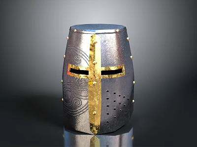 Medieval Knight Weapon Helmet with Silver Gold Accents Rivets and Cross Visor 3d model