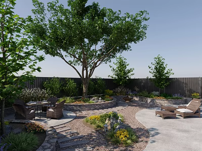 Serene Garden Landscape With Mature Trees Patio Seating Lush Plants And Stone Pathway 3d model