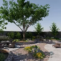 Serene Garden Landscape With Mature Trees Patio Seating Lush Plants And Stone Pathway