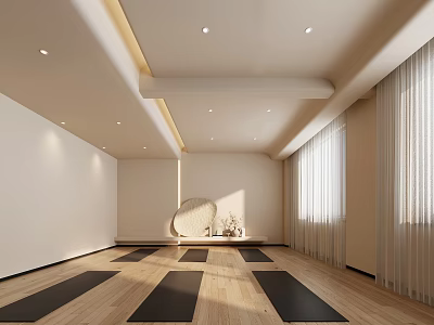 Bright Yoga Studio Interior With Neat Black Yoga Mats Wooden Floor Circular Decor And Curtains 3d model