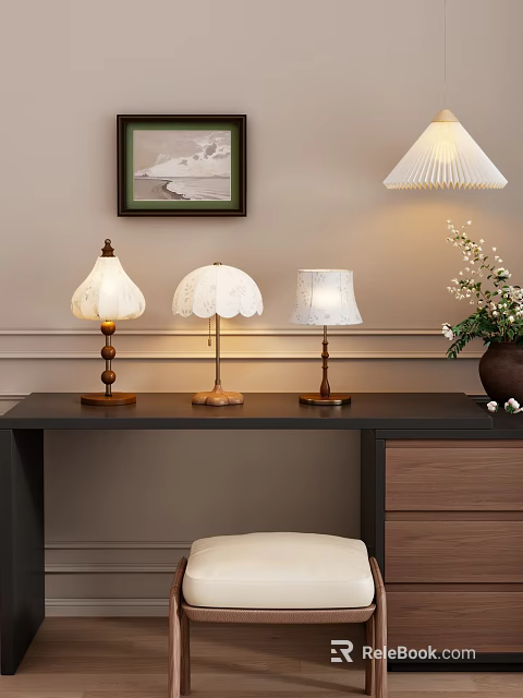 Elegant Table Lamps with Wooden Metal Bases and White Lace Edge Lampshades on Dark Table 3d model 