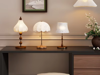Elegant Table Lamps with Wooden Metal Bases and White Lace Edge Lampshades on Dark Table 3d model