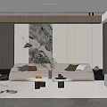 Modern Living Room Interior With Beige Sofa Coffee Table Striped Rug And Decorative Wall Art