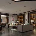Chinese Modern Living And Dining Room Interior With Dark Wooden Floors Display Cabinets And Chandelier