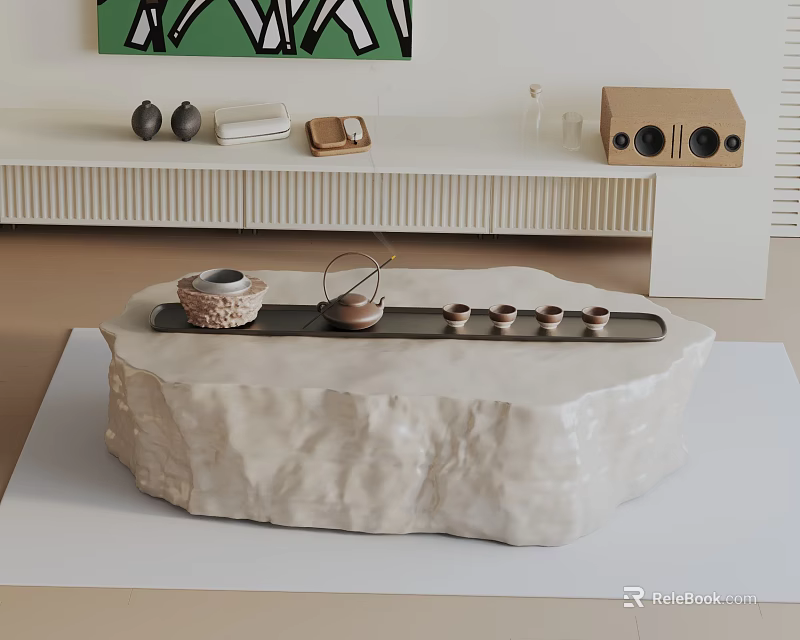 Minimalist Sofa Coffee Table Set With Natural Stone Top And Tea Set Decorations 3d model 