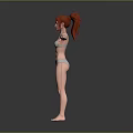 Woman With Red Hair Wearing Light Green Bikini Standing With Arms Outstretched Against Gray Background