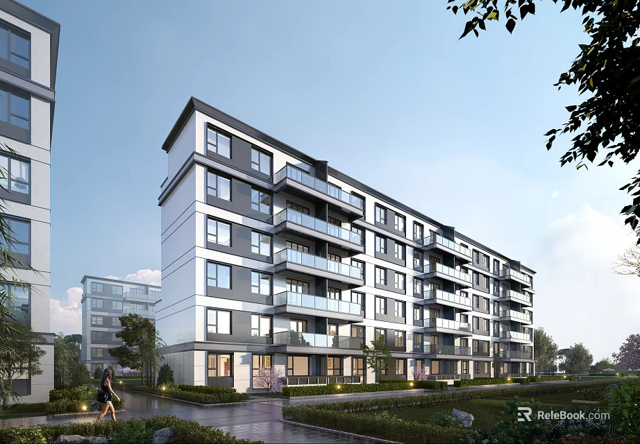 Modern Residential Apartment Building With Multiple Floors Balconies And Green Surroundings 3d model 