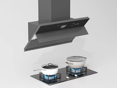 Modern Kitchen Appliances Range Hood And Gas Stove With Cooking Pots On Cooktop 3d model
