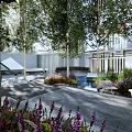 Contemporary Garden Landscape With Water Curtain Stone Flooring And Tall Trees