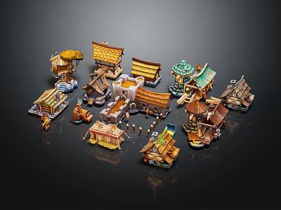 Cartoon Scenery Featuring Oriental Style Miniature Buildings With Traditional Roofs And Decorative Details 3d model