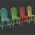Four Red Wooden Leisure Chairs with Curved Backrests Arranged Together