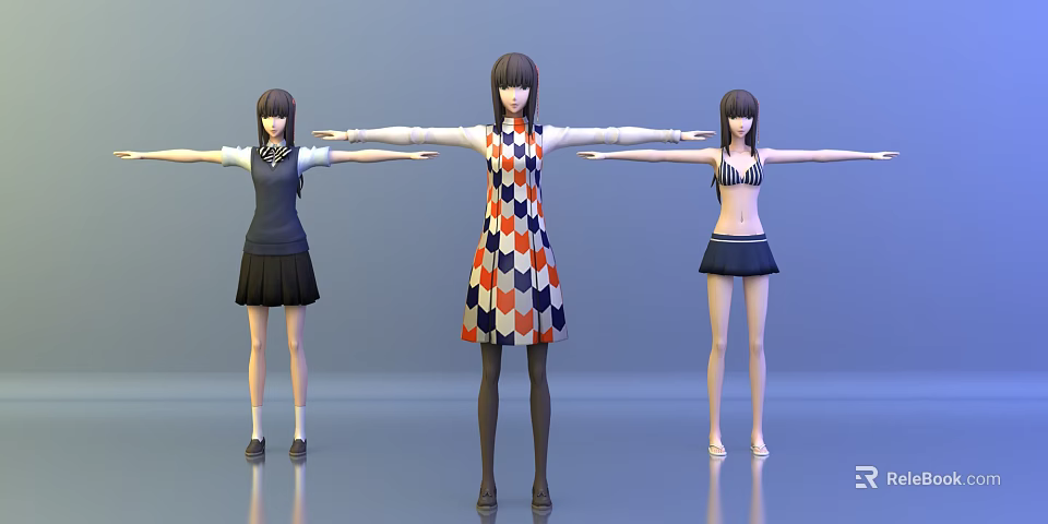 Three Women Models Wearing Different Outfits with Colorful Patterned Dress and Skirts 3d model 