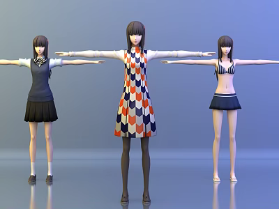 Three Women Models Wearing Different Outfits with Colorful Patterned Dress and Skirts 3d model